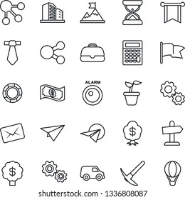 Thin Line Icon Set - seedling vector, alarm led, gear, motivation, pennon, flag, cash, case, calculator, car, paper plane, social media, crisis management, mail, tie, money tree, office building
