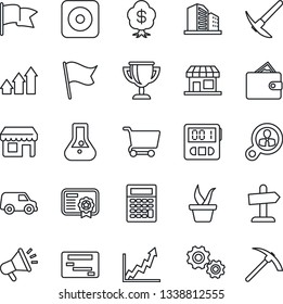 Thin Line Icon Set - seedling vector, rec button, stopwatch, consumer search, arrow up graph, gear, wallet, growth, cart, flask, flag, calculator, car, schedule, certificate, advertising, award cup