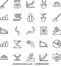 Thin Line Icon Set - seedling vector, watering, sproute, hoe, sickle, greenhouse, fertilizer, drip irrigation, bar graph, pie, career ladder, arrow up, growth, crisis, presentation