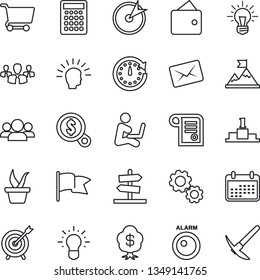 Thin Line Icon Set - seedling vector, alarm led, target, group, gear, shining head, motivation, wallet, clock, money search, idea, calendar, cart, flag, calculator, mail, pedestal, contract, tree