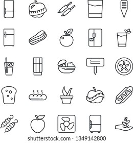 Thin Line Icon Set - seedling vector, plant label, diet, fridge, drink, phyto bar, salad, bacon, bread, kebab, hot dog, apple fruit, fan, palm sproute