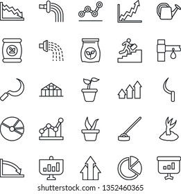 Thin Line Icon Set - seedling vector, watering can, sproute, hoe, sickle, greenhouse, fertilizer, drip irrigation, pie graph, point, career ladder, arrow up, growth, crisis, presentation
