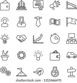 Thin Line Icon Set - seedling vector, stopwatch, gear, shining head, motivation, handshake, wallet, growth graph, crisis, idea, flask, flag, cash, car, paper plane, hierarchy, management, tie