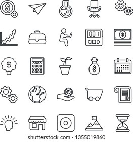 Thin Line Icon Set - seedling vector, rec button, stopwatch, gear, shining head, motivation, money bag, earth, growth graph, office chair, search, investment, calendar, cart, flask, cash, case, tree
