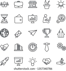 Thin Line Icon Set - seedling vector, alarm led, consumer search, group, arrow up graph, gear, rocket, handshake, wallet, clock, earth, idea, case, paper plane, mail, award cup, presentation, tie