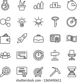 Thin Line Icon Set - seedling vector, stopwatch, alarm led, target, consumer search, group, arrow up graph, rocket, wallet, clock, office chair, idea, flask, cash, case, schedule, social media, tie