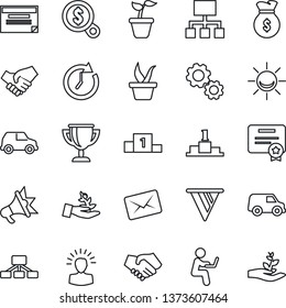 Thin Line Icon Set - seedling vector, alarm led, gear, palm sproute, shining head, handshake, money bag, clock, pennon, search, car, schedule, hierarchy, certificate, mail, advertising, pedestal