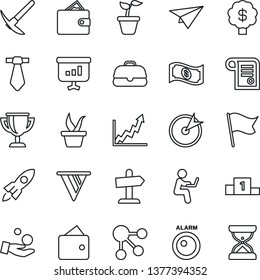Thin Line Icon Set - seedling vector, alarm led, target, rocket, wallet, pennon, growth graph, investment, flag, cash, case, paper plane, social media, pedestal, award cup, presentation, contract