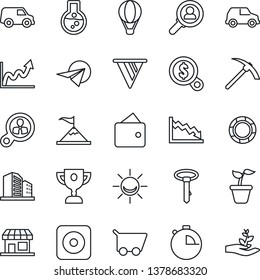 Thin Line Icon Set - seedling vector, rec button, stopwatch, alarm led, consumer search, motivation, wallet, pennon, growth graph, crisis, money, cart, flask, car, paper plane, management, award cup