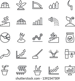 Thin Line Icon Set - seedling vector, watering, sproute, hoe, sickle, greenhouse, fertilizer, drip irrigation, bar graph, pie, point, career ladder, arrow up, growth, crisis, presentation