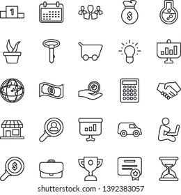 Thin Line Icon Set - seedling vector, consumer search, group, handshake, money bag, earth, investment, idea, calendar, cart, flask, cash, case, calculator, car, certificate, pedestal, award cup, tie