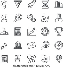 Thin Line Icon Set - seedling vector, target, consumer search, gear, shining head, rocket, clock, pennon, growth graph, money, idea, flask, calculator, social media, mail, pedestal, award cup, sand