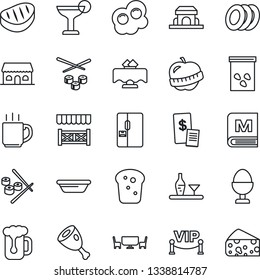 Thin Line Icon Set - seeds vector, diet, coffee, fridge, alcohol, restaurant table, menu, cocktail, beer, plates, egg stand, bread, cafe building, vip zone, alcove, receipt, steak, ham, bowl, sushi