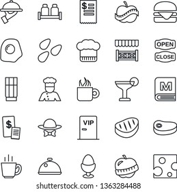 Thin Line Icon Set - seeds vector, diet, cook, dish, hat, menu, drink, cocktail, coffee, waiter, egg stand, salt and pepper, vip zone, dress code, open close, alcove, restaurant receipt, steak