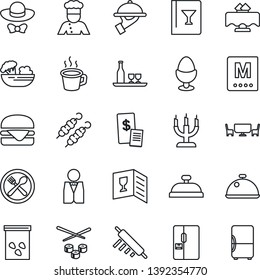 Thin Line Icon Set - seeds vector, coffee, fridge, waiter, cook, dish, alcohol, restaurant table, cafe, wine card, menu, reception, salad, egg stand, candle, dress code, receipt, kebab, hamburger