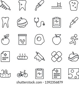 Thin Line Icon Set - seeds vector, diagnosis, stethoscope, dropper, patch, bike, run, tooth, caries, pulse clipboard, diet, pool, bread, rolling pin, omelette, apple fruit, cheese