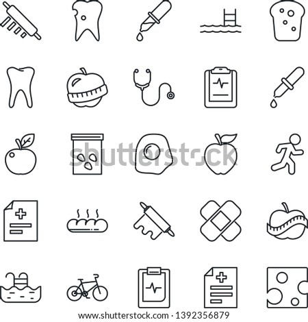 Thin Line Icon Set - seeds vector, diagnosis, stethoscope, dropper, patch, bike, run, tooth, caries, pulse clipboard, diet, pool, bread, rolling pin, omelette, apple fruit, cheese