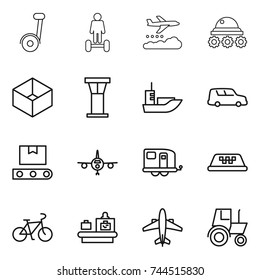 thin line icon set : segway, hoverboard, weather management, lunar rover, box, airport tower, sea shipping, car, transporter tape, plane, trailer, taxi, bike, baggage checking, airplane, tractor