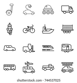 thin line icon set : segway, electric car, lunar rover, delivery, spark plug, bike, sea shipping, truck, fork loader, train, trailer, bus, transfer, pickup, wash