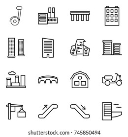 thin line icon set : segway, store, bridge, building, skyscrapers, skyscraper, modern architecture, district, city, house, scooter shipping, loading, escalator, hotel