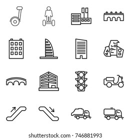 thin line icon set : segway, hoverboard, store, bridge, building, skyscraper, modern architecture, office, traffic light, scooter shipping, escalator, trash truck, sweeper