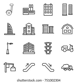 thin line icon set : segway, store, building, skyscrapers, skyscraper, district, house, outdoor light, office, traffic, scooter shipping, loading, escalator, trash truck