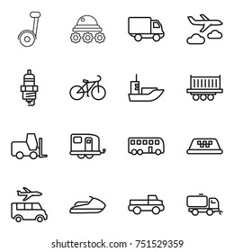 thin line icon set : segway, lunar rover, delivery, journey, spark plug, bike, sea shipping, truck, fork loader, trailer, bus, taxi, transfer, jet ski, pickup, sweeper