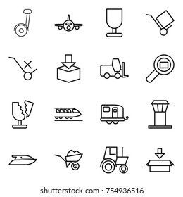 thin line icon set : segway, plane, fragile, trolley, do not sign, package, fork loader, cargo search, broken, train, trailer, airport tower, yacht, wheelbarrow, tractor