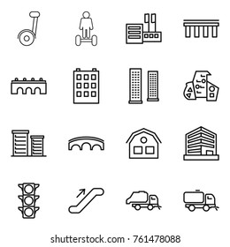 Thin line icon set : segway, hoverboard, store, bridge, building, skyscrapers, modern architecture, district, house, office, traffic light, escalator, trash truck, sweeper