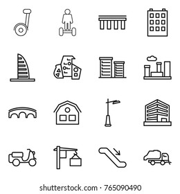 Thin line icon set : segway, hoverboard, bridge, building, skyscraper, modern architecture, district, city, house, outdoor light, office, scooter shipping, loading, escalator, trash truck