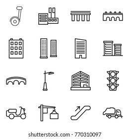 Thin line icon set : segway, store, bridge, building, skyscrapers, skyscraper, district, outdoor light, office, traffic, scooter shipping, loading, escalator, trash truck