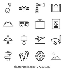 Thin line icon set : segway, drawbridge, lighthouse, minaret, pyramid, bus, suitcase, passport, airplane, baggage get, departure, diving mask, signpost, flip flops, compass, landscape