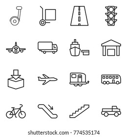 Thin line icon set : segway, cargo stoller, road, traffic light, plane, shipping, port, warehouse, package, trailer, bus, bike, escalator, stairs, pickup