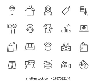 Thin line icon set of sell product online, such clothes, t-shirt and related thing, 48x48 pixel perfect icon, editable stroke white background