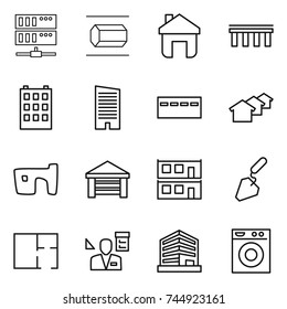 thin line icon set : server, nano tube, home, bridge, building, skyscraper, bunker, houses, slum, garage, modular house, construction, plan, architector, office, washing machine