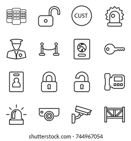 thin line icon set : server, unlock, customs, alarm, security man, vip fence, passport, key, identity card, locked, unlocked, intercome, surveillance camera, farm