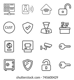 thin line icon set : server, pass card, wireless home, unlock, customs, protected, security man, inspector, passport, atm, surveillance, key, safe, shield, unlocked