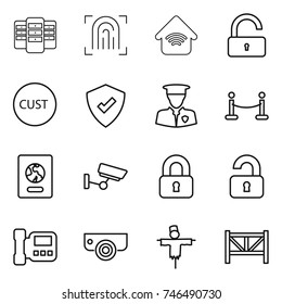 thin line icon set : server, fingerprint, wireless home, unlock, customs, protected, security man, vip fence, passport, surveillance, locked, unlocked, intercome, camera, scarecrow, farm