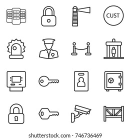 thin line icon set : server, lock, lighthouse, customs, alarm, security man, vip fence, detector, atm, key, identity card, safe, locked, surveillance camera, farm