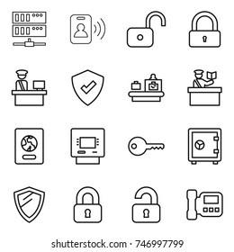 thin line icon set : server, pass card, unlock, lock, customs control, protected, baggage checking, inspector, passport, atm, key, safe, shield, locked, unlocked, intercome