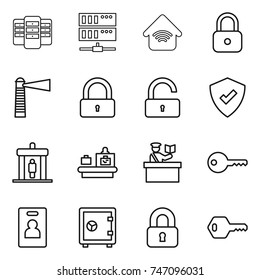 thin line icon set : server, wireless home, lock, lighthouse, unlock, protected, detector, baggage checking, inspector, key, identity card, safe, locked