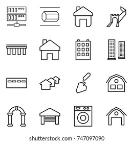 thin line icon set : server, nano tube, home, greate wall, bridge, building, skyscrapers, bunker, houses, construction, house, arch, garage, washing machine, barn