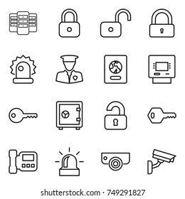 thin line icon set : server, lock, unlock, alarm, security man, passport, atm, key, safe, unlocked, intercome, surveillance camera