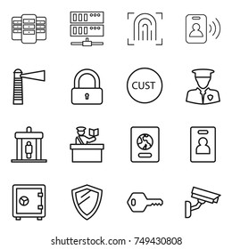 thin line icon set : server, fingerprint, pass card, lighthouse, lock, customs, security man, detector, inspector, passport, identity, safe, shield, key, surveillance camera