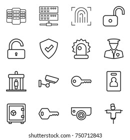 thin line icon set : server, fingerprint, unlock, protected, alarm, security man, detector, surveillance, key, identity card, safe, camera, scarecrow
