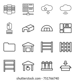 thin line icon set : server, cloude service, cloud wireless, crystall memory, warehouse, hangare, consolidated cargo, documents, rack, pallet, grain elevator, package