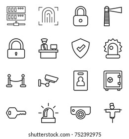 thin line icon set : server, fingerprint, lock, lighthouse, customs control, protected, alarm, vip fence, surveillance, identity card, safe, key, camera, scarecrow