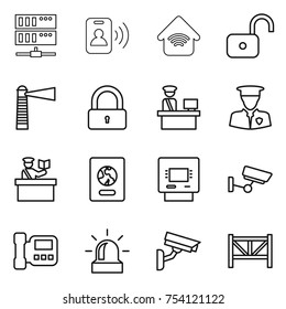 thin line icon set : server, pass card, wireless home, unlock, lighthouse, lock, customs control, security man, inspector, passport, atm, surveillance, intercome, alarm, camera, farm fence