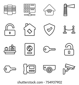 thin line icon set : server, wireless home, lighthouse, unlock, smart house, protected, vip fence, baggage checking, passport, key, unlocked, intercome, surveillance camera