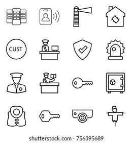 Thin line icon set : server, pass card, lighthouse, smart house, customs, control, protected, alarm, security man, inspector, key, safe, life vest, surveillance camera, scarecrow
